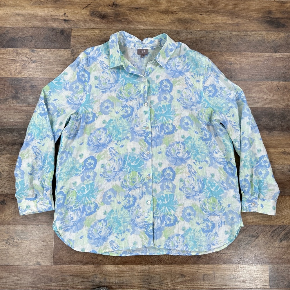 J Jill Womens Shirt Large Blue Floral Collared Long Sleeve Linen Button Up